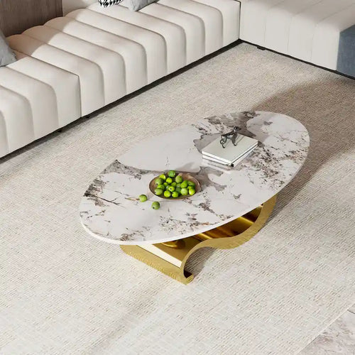 Table basse ovale 51 avec plateau en pierre frittée brillante, table basse moderne avec acier inoxydable doré