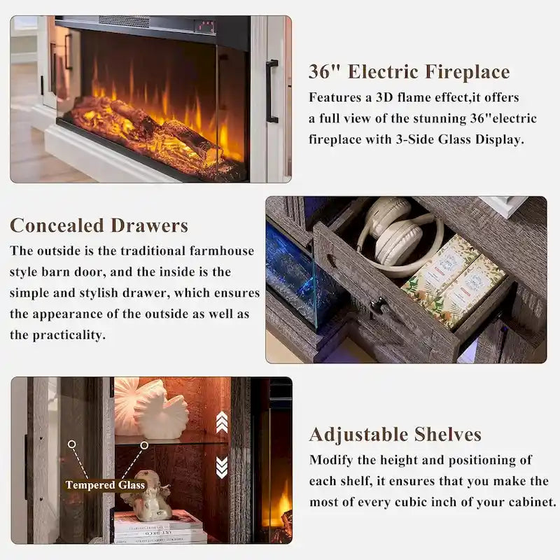 Farmhouse Electric Fireplace TV Stands up to 80, Entertainment Center