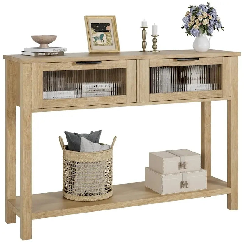 Farmhouse Console Table with 2 Glass Drawers and Lower Shelf