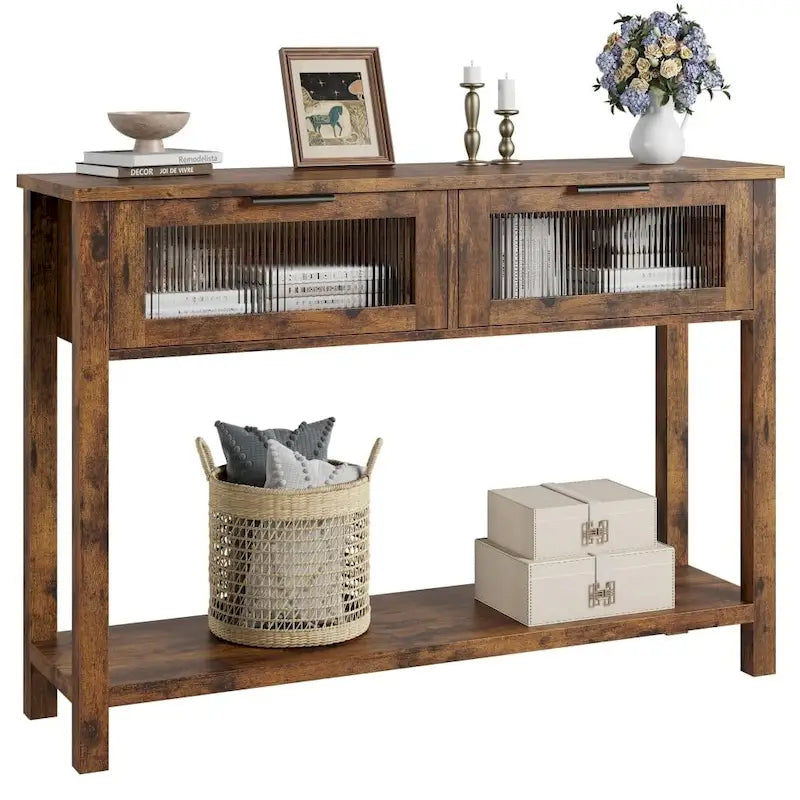 Farmhouse Console Table with 2 Glass Drawers and Lower Shelf