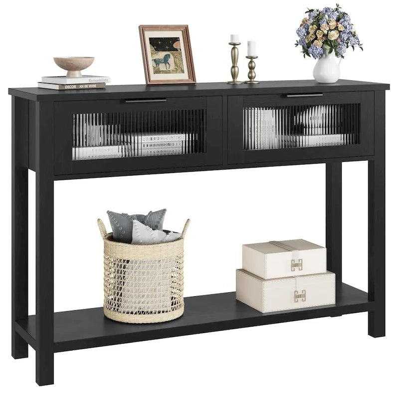 Farmhouse Console Table with 2 Glass Drawers and Lower Shelf