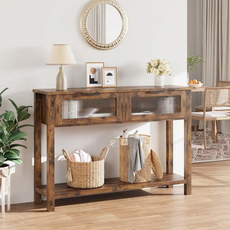 Farmhouse Console Table with 2 Glass Drawers and Lower Shelf