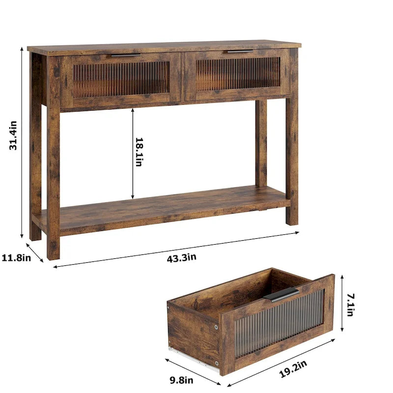 Farmhouse Console Table with 2 Glass Drawers and Lower Shelf