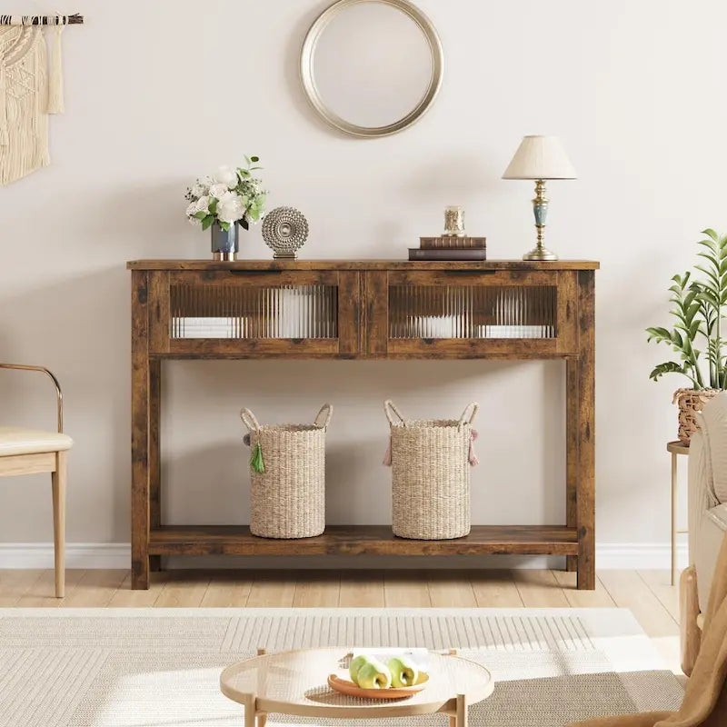 Farmhouse Console Table with 2 Glass Drawers and Lower Shelf