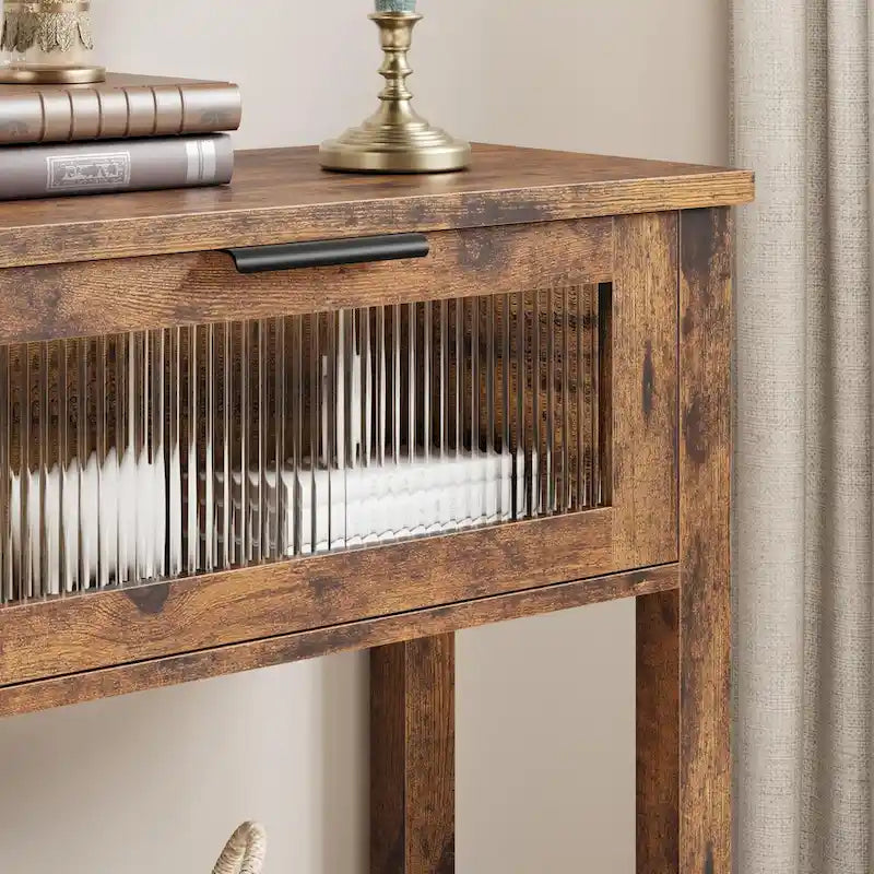 Farmhouse Console Table with 2 Glass Drawers and Lower Shelf
