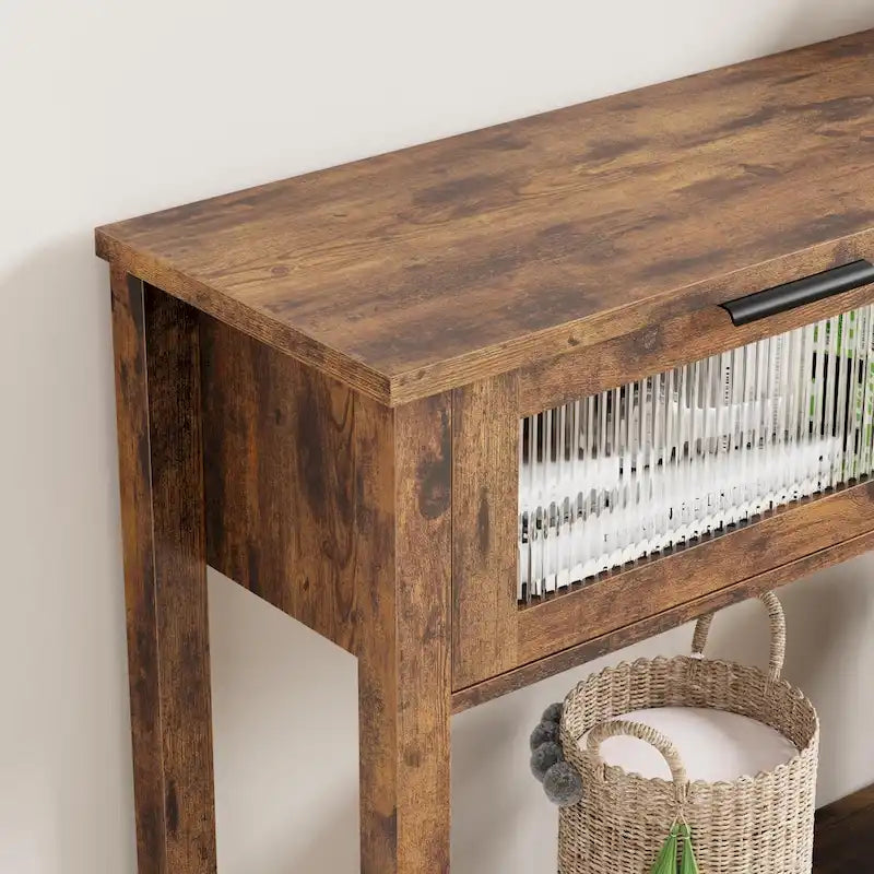 Farmhouse Console Table with 2 Glass Drawers and Lower Shelf