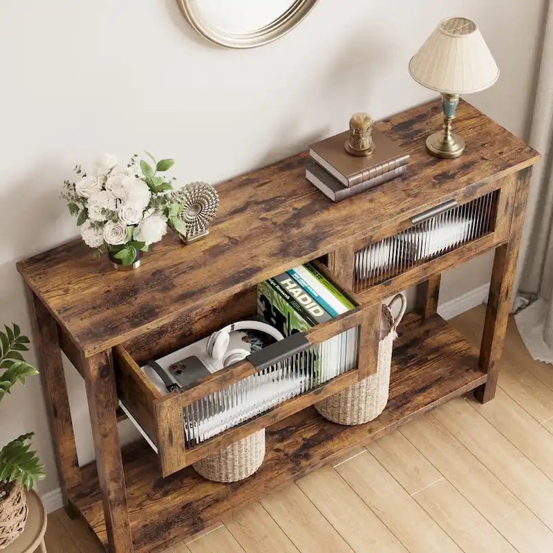 Farmhouse Console Table with 2 Glass Drawers and Lower Shelf