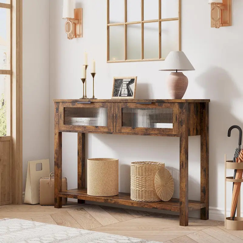 Farmhouse Console Table with 2 Glass Drawers and Lower Shelf