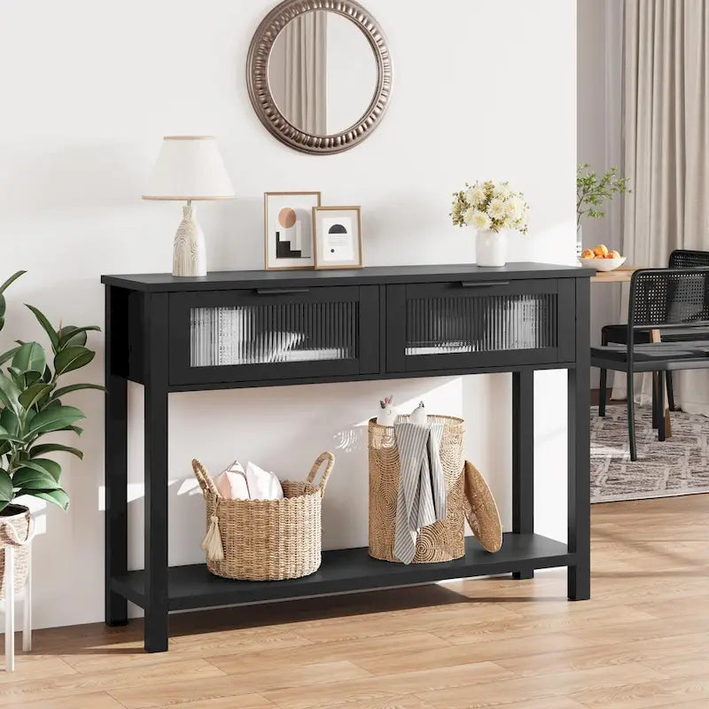 Farmhouse Console Table with 2 Glass Drawers and Lower Shelf