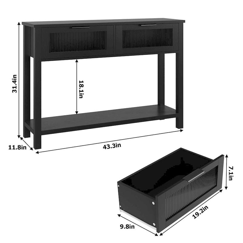 Farmhouse Console Table with 2 Glass Drawers and Lower Shelf