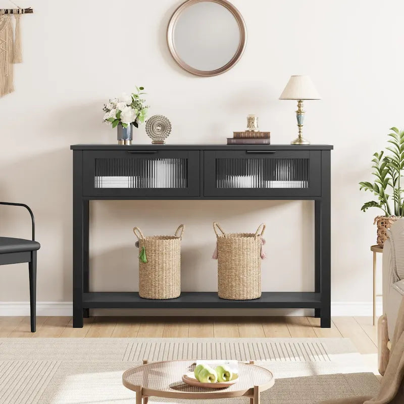 Farmhouse Console Table with 2 Glass Drawers and Lower Shelf