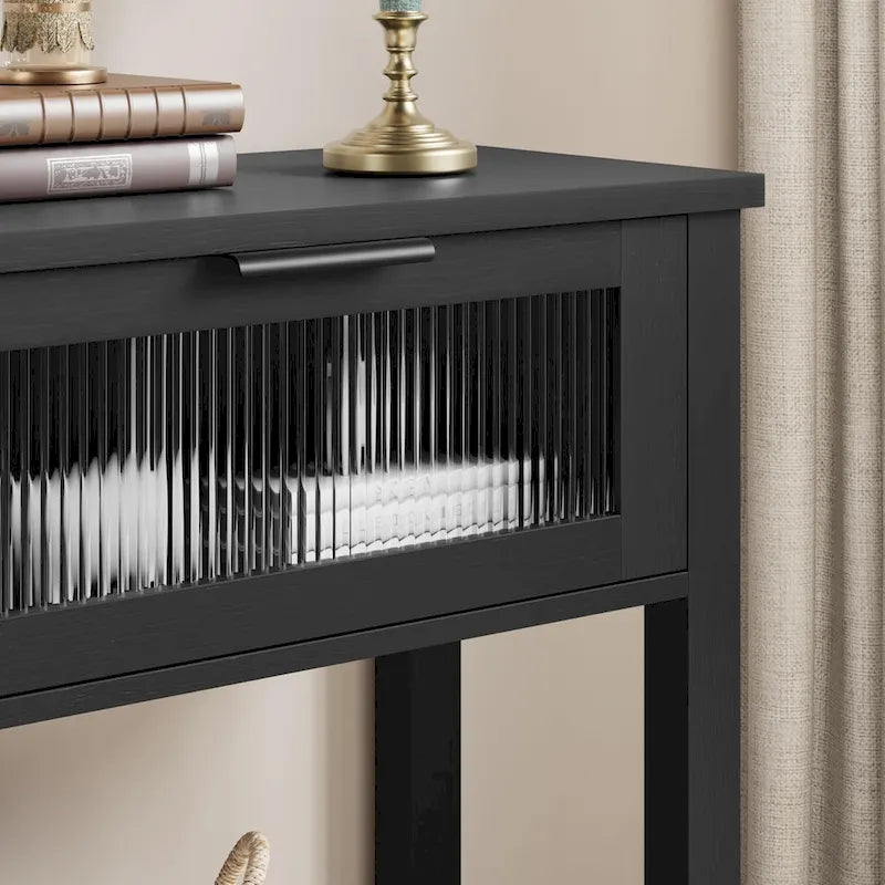 Farmhouse Console Table with 2 Glass Drawers and Lower Shelf
