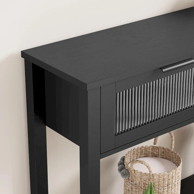 Farmhouse Console Table with 2 Glass Drawers and Lower Shelf