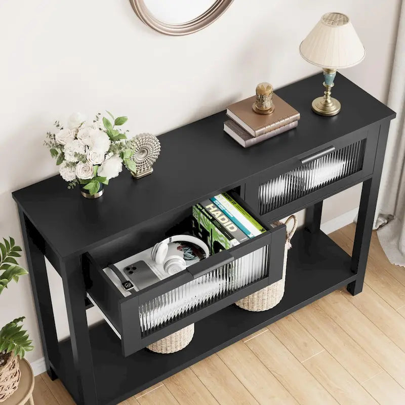 Farmhouse Console Table with 2 Glass Drawers and Lower Shelf