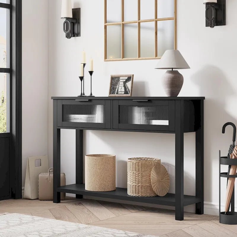 Farmhouse Console Table with 2 Glass Drawers and Lower Shelf