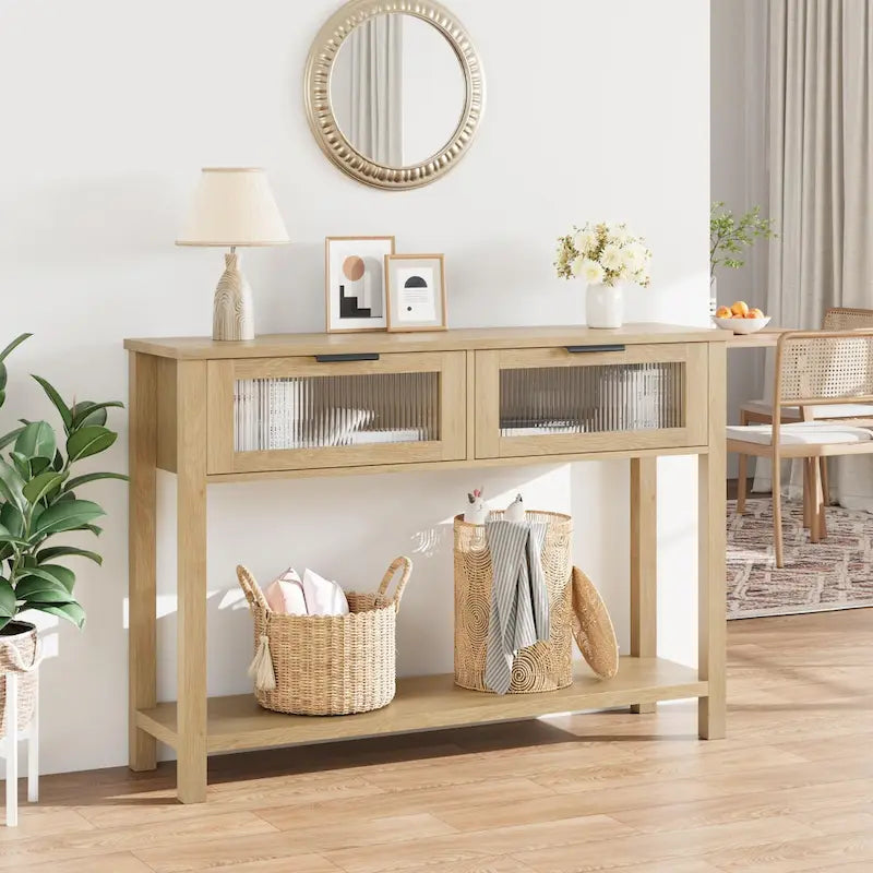Farmhouse Console Table with 2 Glass Drawers and Lower Shelf