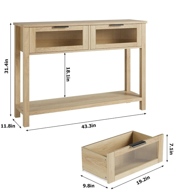 Farmhouse Console Table with 2 Glass Drawers and Lower Shelf