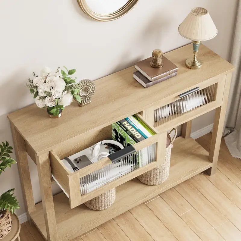 Farmhouse Console Table with 2 Glass Drawers and Lower Shelf