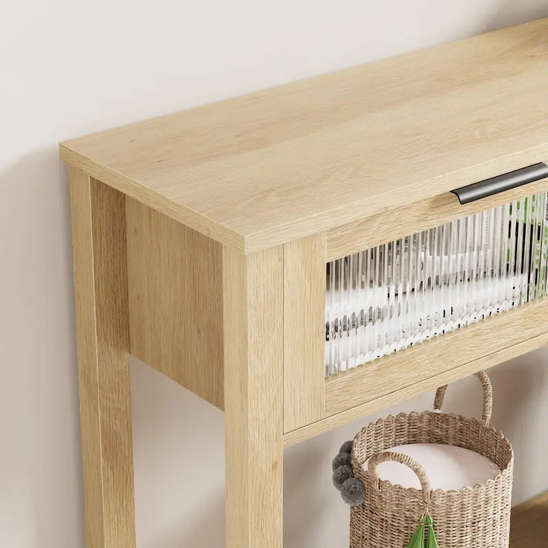 Farmhouse Console Table with 2 Glass Drawers and Lower Shelf