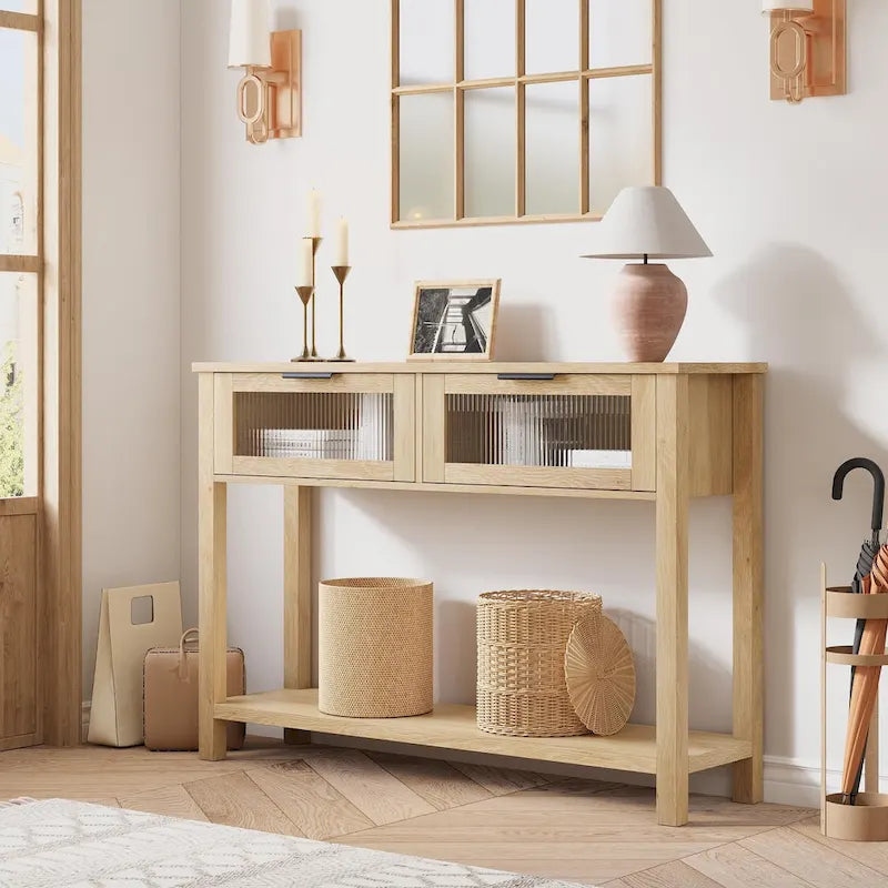 Farmhouse Console Table with 2 Glass Drawers and Lower Shelf