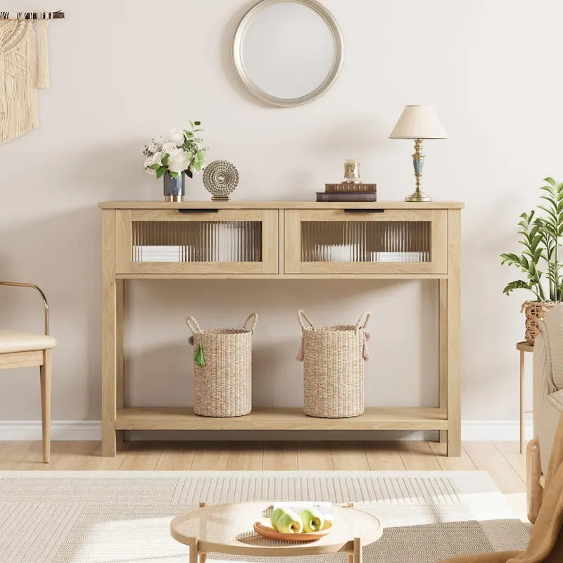 Farmhouse Console Table with 2 Glass Drawers and Lower Shelf