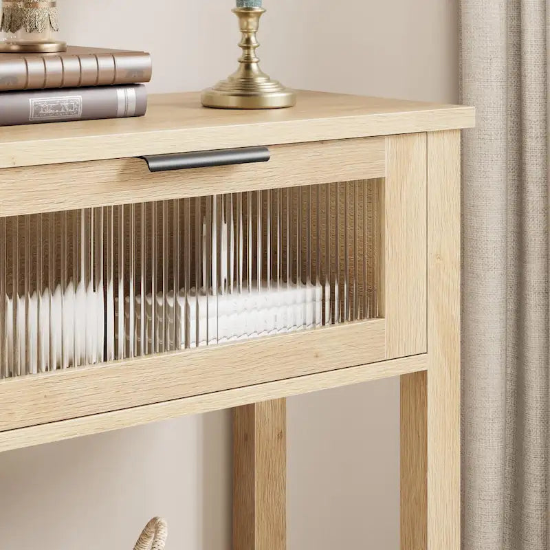 Farmhouse Console Table with 2 Glass Drawers and Lower Shelf