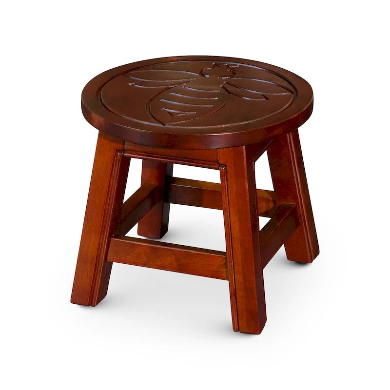 Carved Rubberwood Step Stool with Decorative Motif