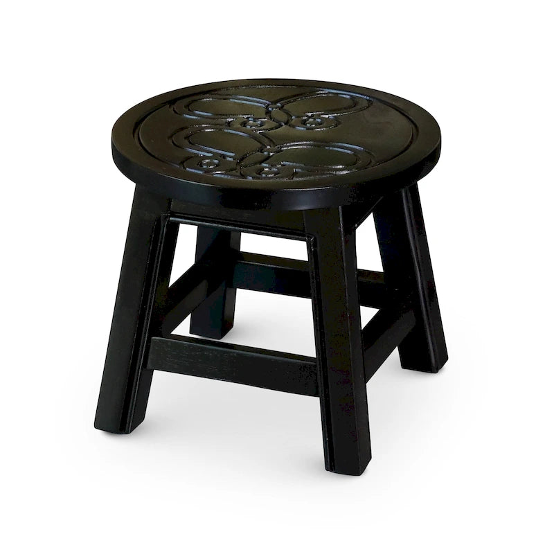Carved Rubberwood Step Stool with Decorative Motif