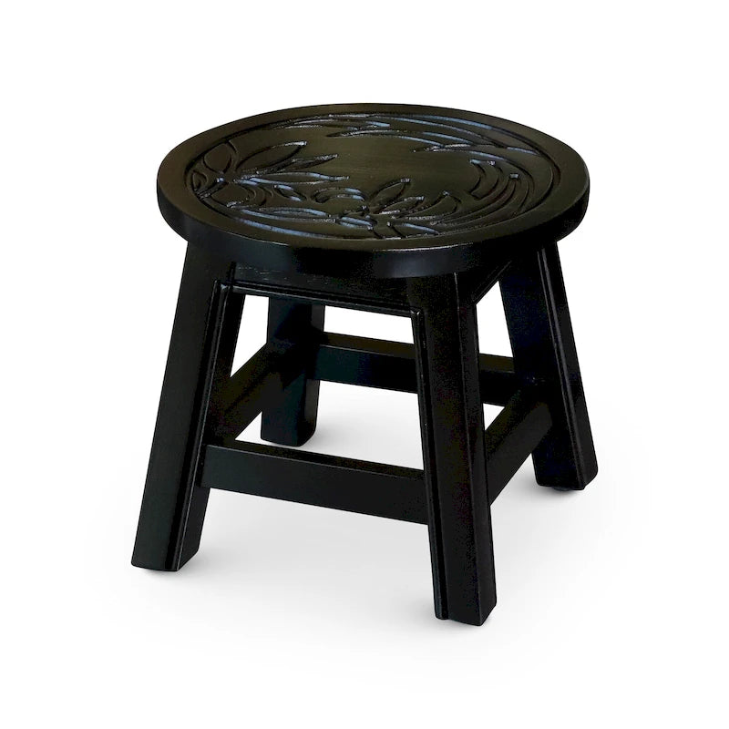 Carved Rubberwood Step Stool with Decorative Motif