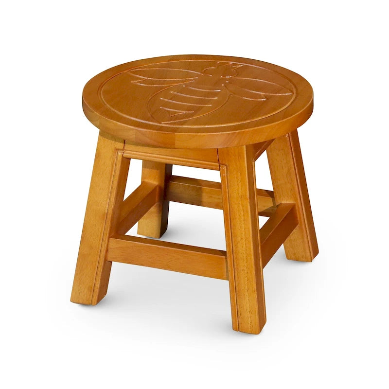 Carved Rubberwood Step Stool with Decorative Motif