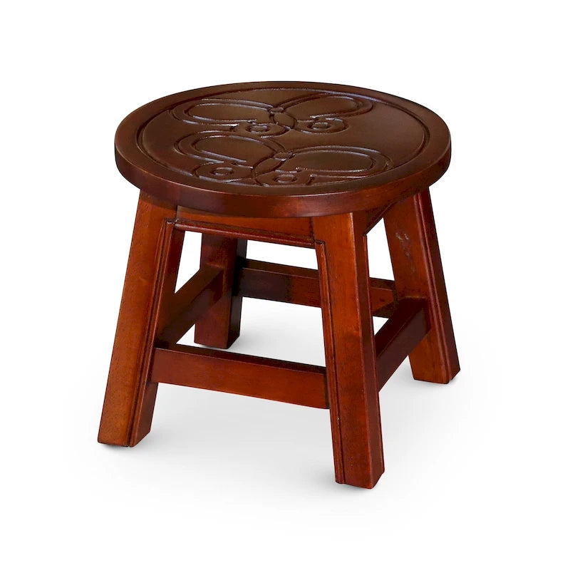 Carved Rubberwood Step Stool with Decorative Motif