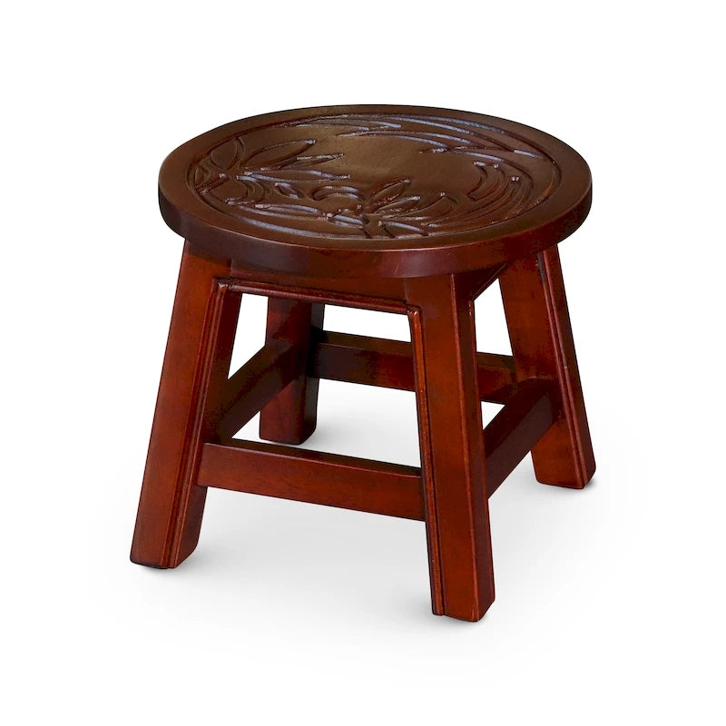 Carved Rubberwood Step Stool with Decorative Motif