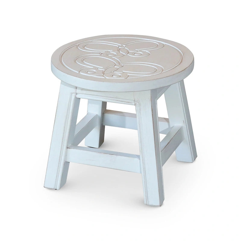 Carved Rubberwood Step Stool with Decorative Motif
