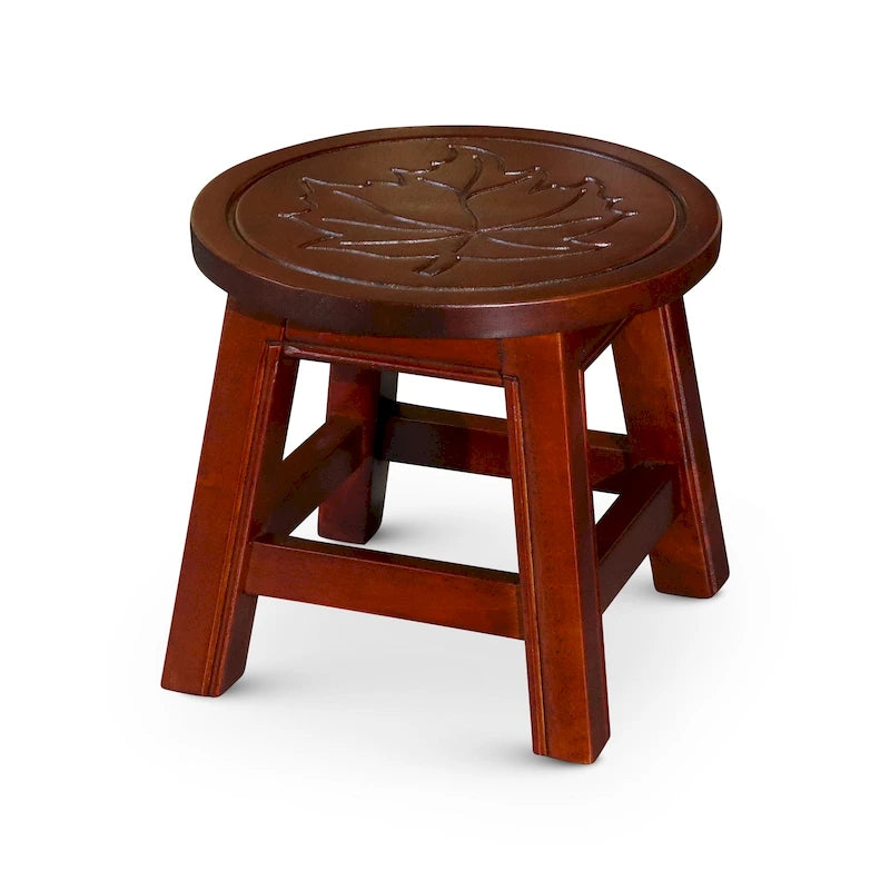 Carved Rubberwood Step Stool with Decorative Motif