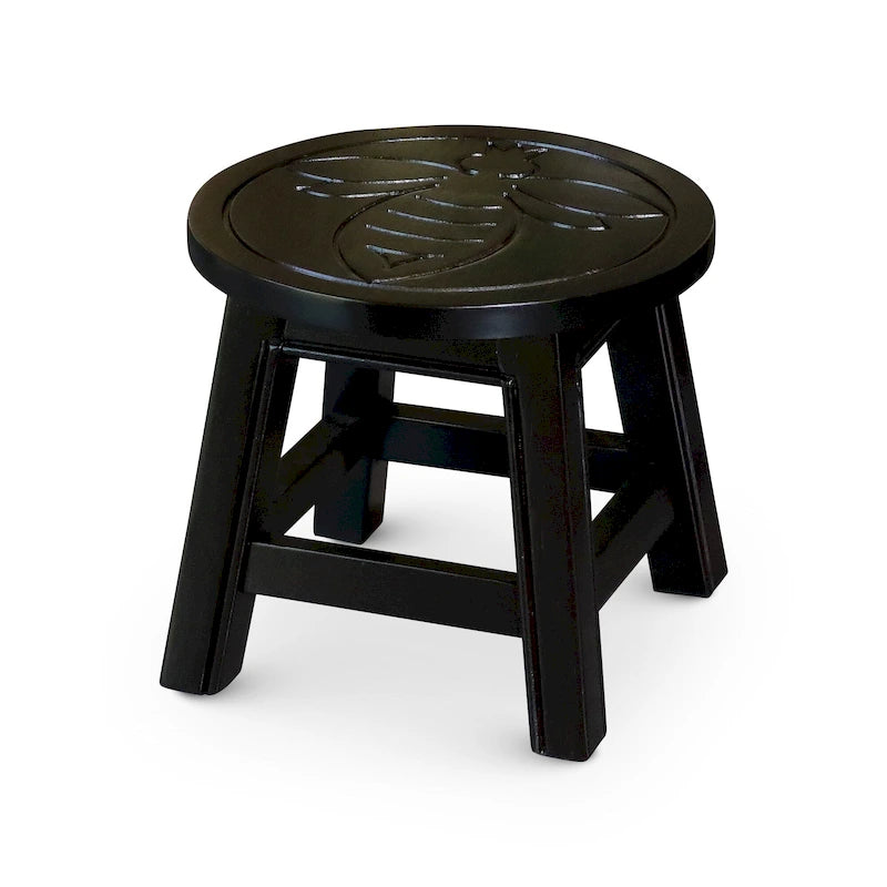 Carved Rubberwood Step Stool with Decorative Motif
