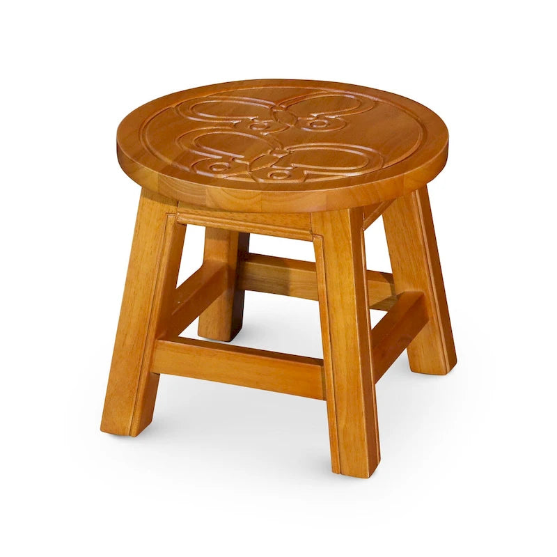 Carved Rubberwood Step Stool with Decorative Motif