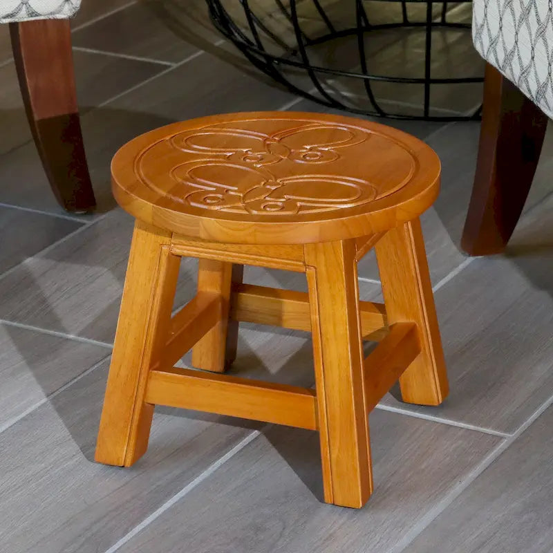 Carved Rubberwood Step Stool with Decorative Motif