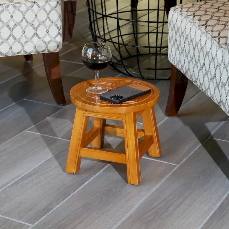 Carved Rubberwood Step Stool with Decorative Motif