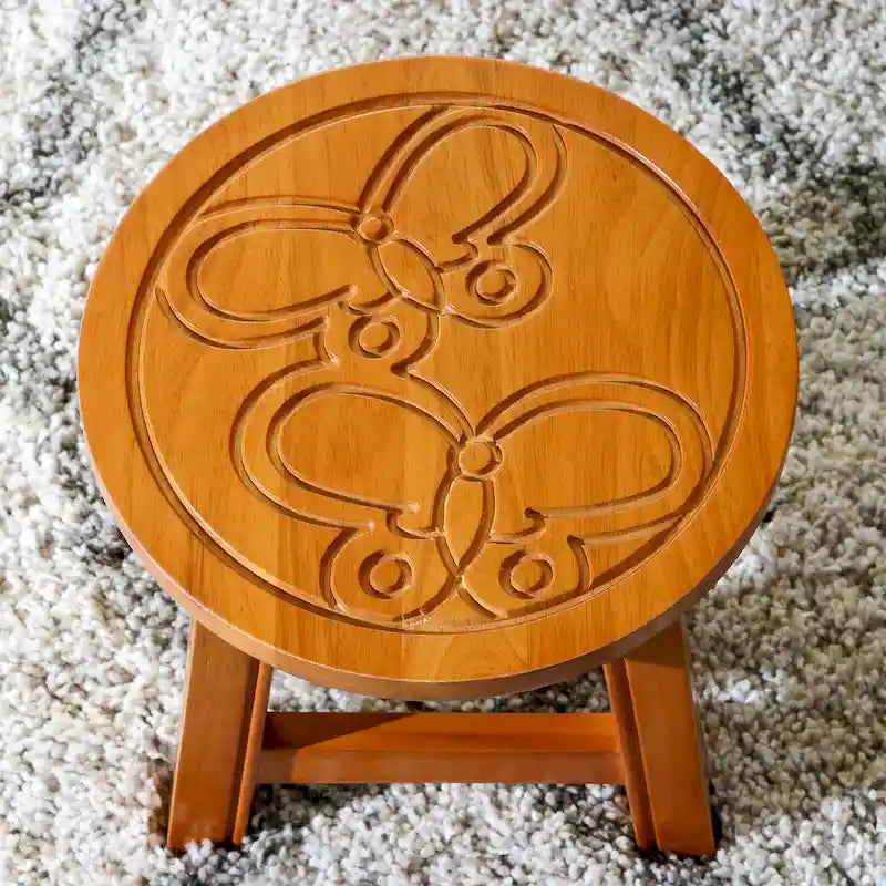 Carved Rubberwood Step Stool with Decorative Motif