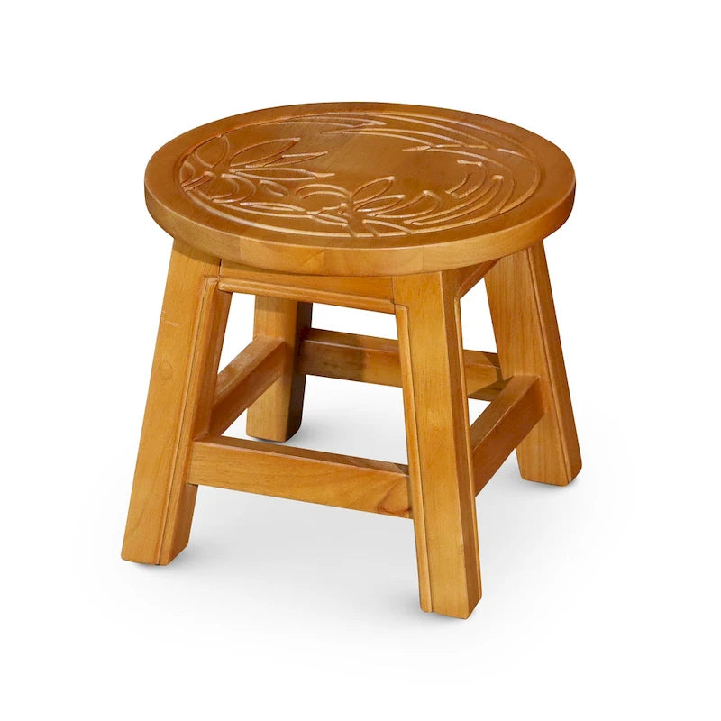 Carved Rubberwood Step Stool with Decorative Motif