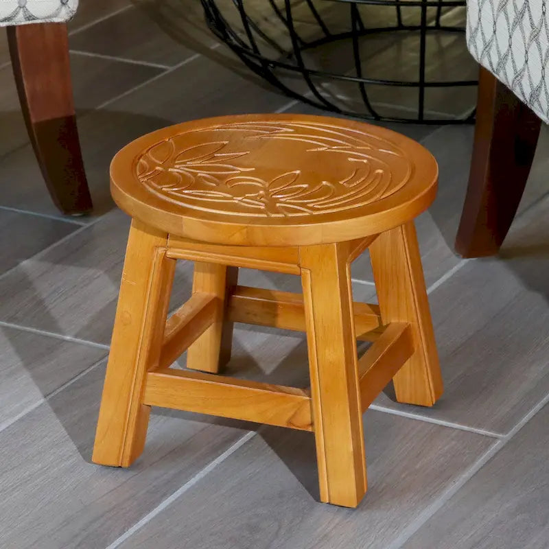 Carved Rubberwood Step Stool with Decorative Motif