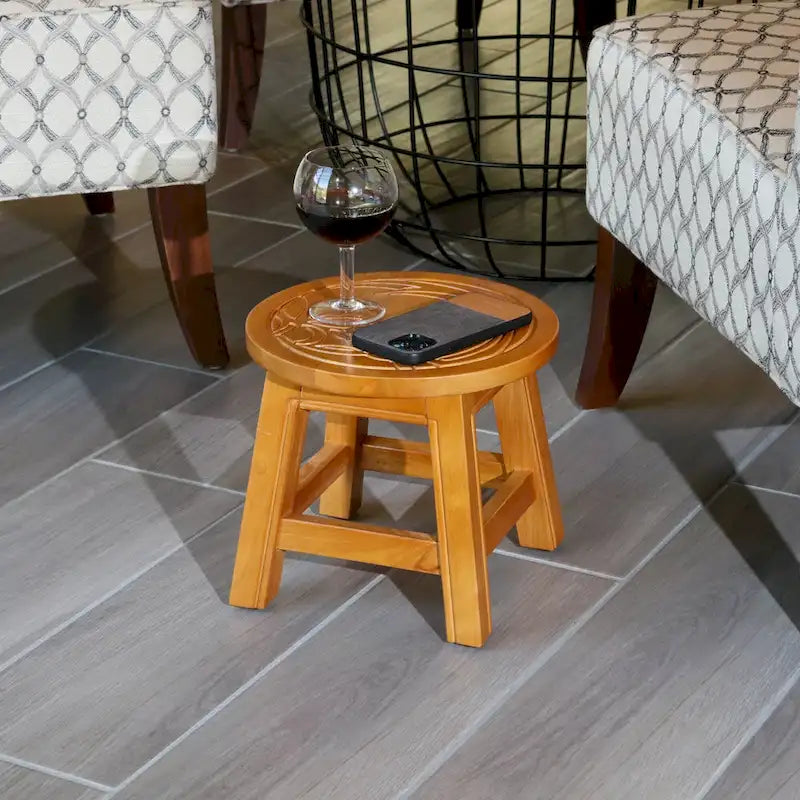 Carved Rubberwood Step Stool with Decorative Motif