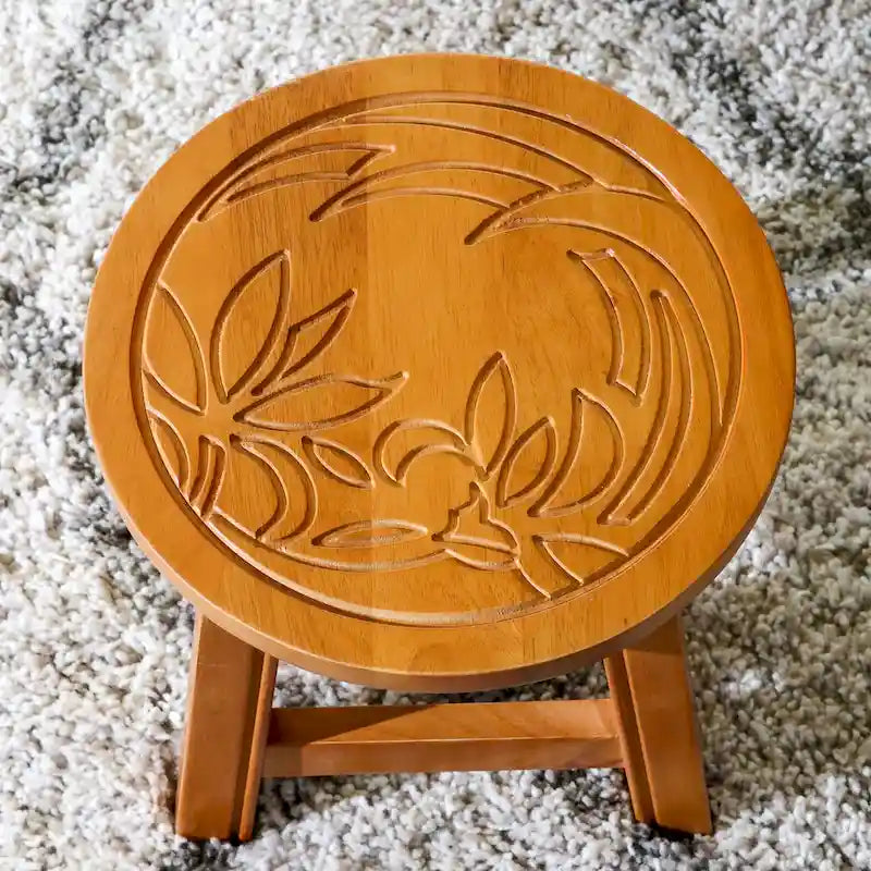 Carved Rubberwood Step Stool with Decorative Motif