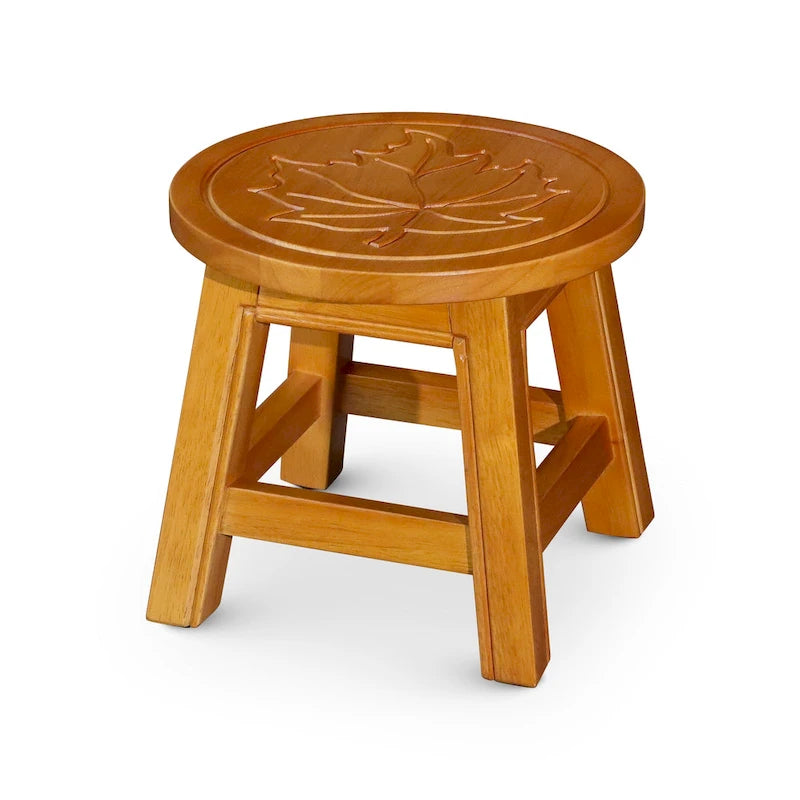 Carved Rubberwood Step Stool with Decorative Motif