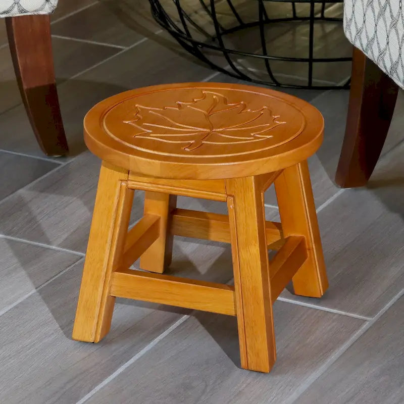 Carved Rubberwood Step Stool with Decorative Motif