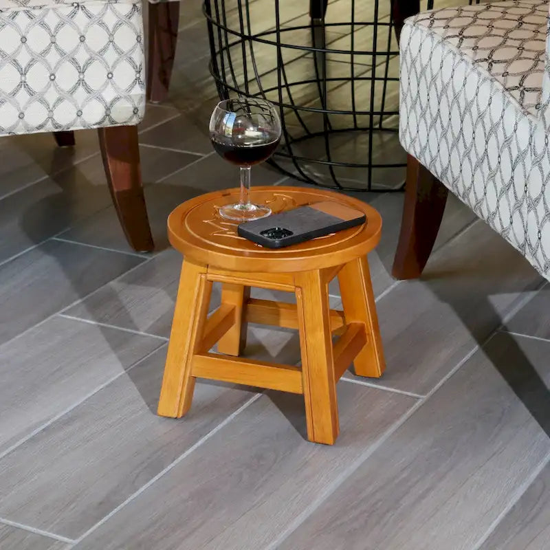 Carved Rubberwood Step Stool with Decorative Motif
