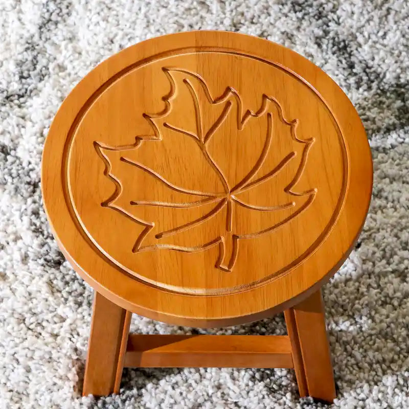 Carved Rubberwood Step Stool with Decorative Motif