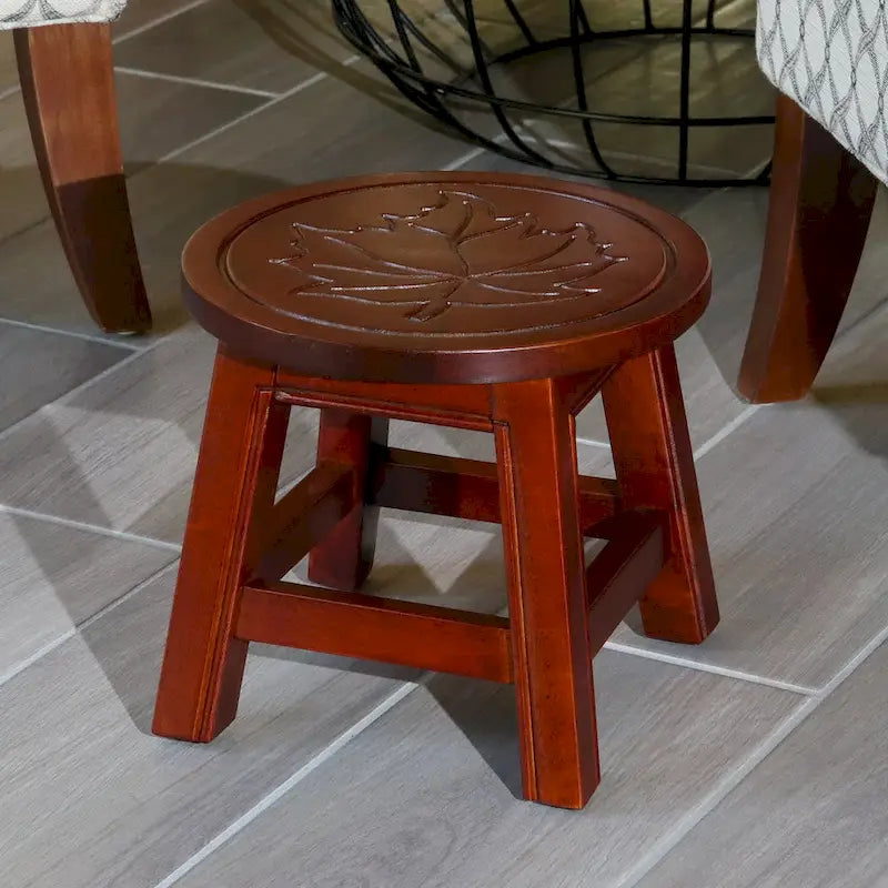 Carved Rubberwood Step Stool with Decorative Motif