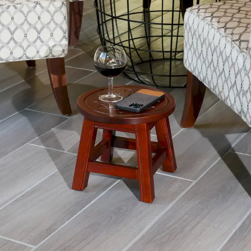 Carved Rubberwood Step Stool with Decorative Motif