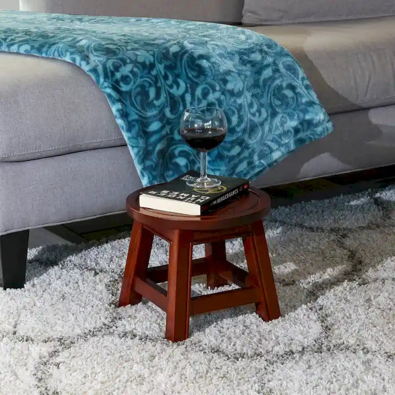 Carved Rubberwood Step Stool with Decorative Motif